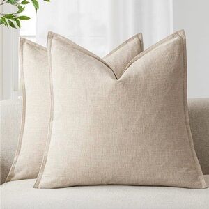 Pack of 2, Decorative Linen Soild Throw Pillow Covers 18 x 18” Natural Beige